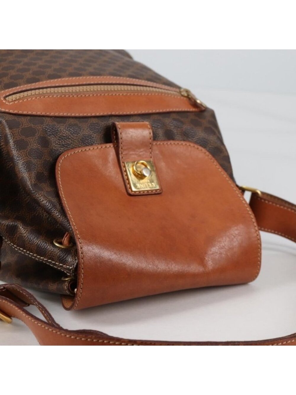 Authentic CELINE Macadam Canvas Shoulder Bag PVC Leather Brown Gold - Picture 13 of 16